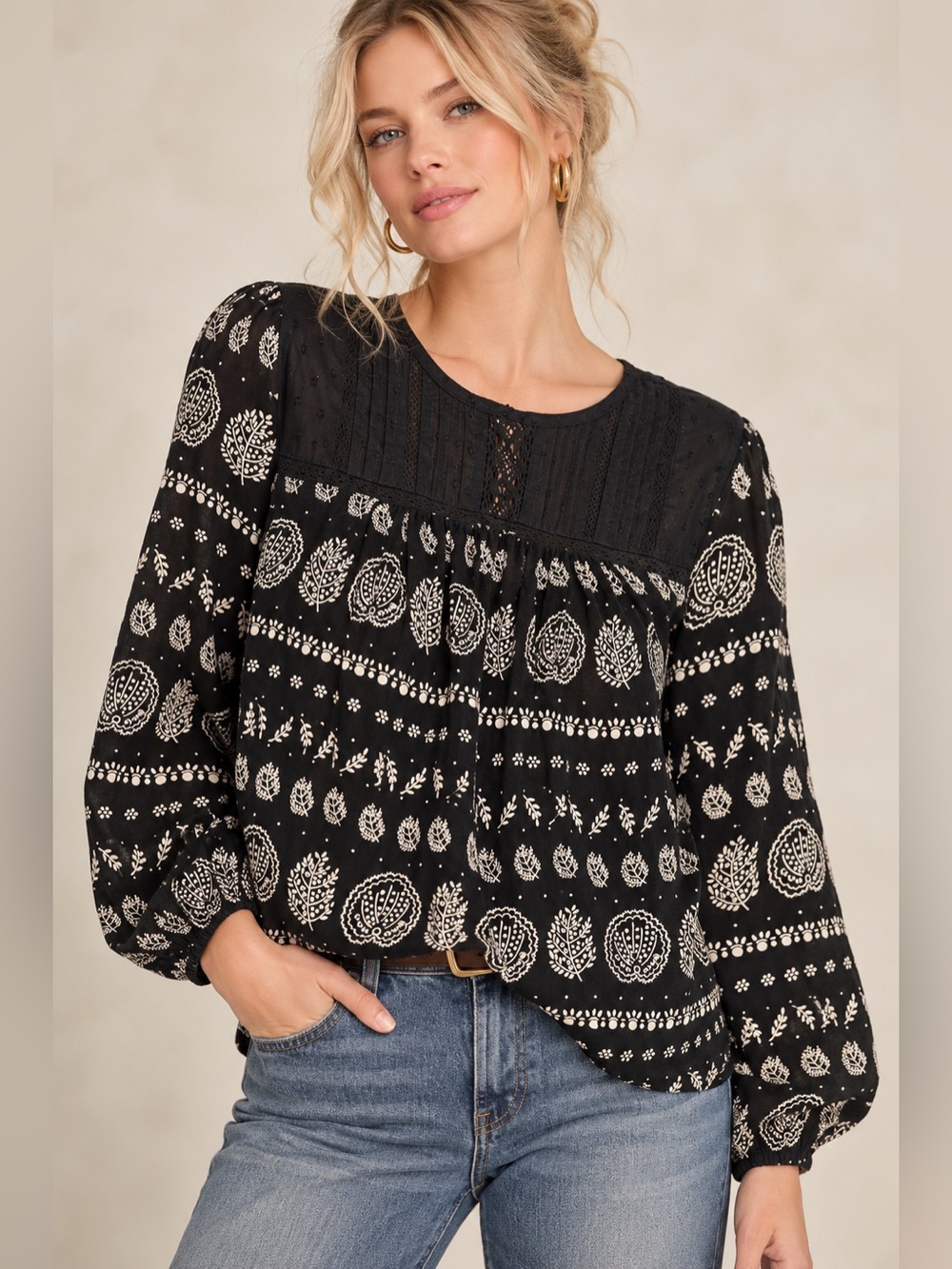Lucky Brand Black & Ivory Paisley Boho Cottagecore Peasant Blouse Long Sleeve S